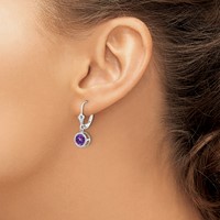 14K White Gold 6mm Round Amethyst Bezel Leverback Dangle Earrings view 3