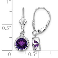 14K White Gold 6mm Round Amethyst Bezel Leverback Dangle Earrings view 4