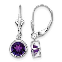 14K White Gold 6mm Round Amethyst Bezel Leverback Dangle Earrings view 1