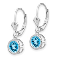 14K White Gold 6mm Round Blue Topaz Bezel Leverback Dangle Earrings view 2