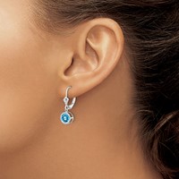 14K White Gold 6mm Round Blue Topaz Bezel Leverback Dangle Earrings view 3