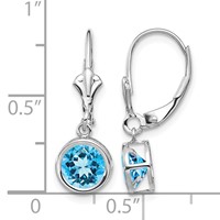 14K White Gold 6mm Round Blue Topaz Bezel Leverback Dangle Earrings view 4