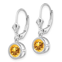 14K White Gold 6mm Round Citrine Bezel Leverback Dangle Earrings view 2
