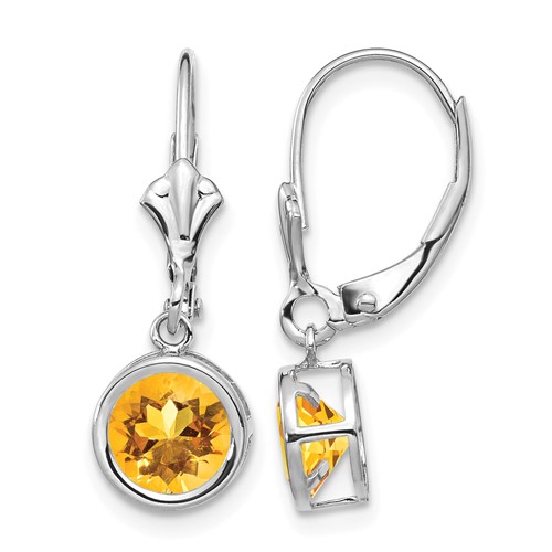 14K White Gold 6mm Round Citrine Bezel Leverback Dangle Earrings