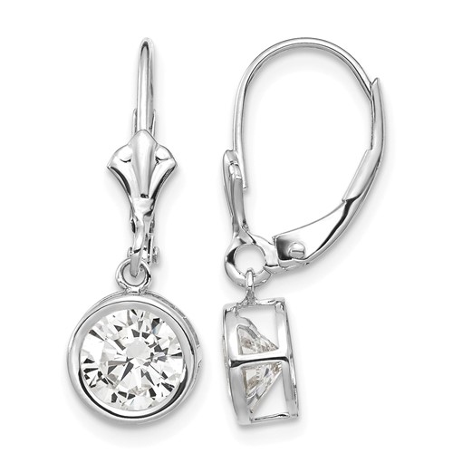 14K White Gold 6mm Round Cubic Zirconia Bezel Leverback Dangle Earrings