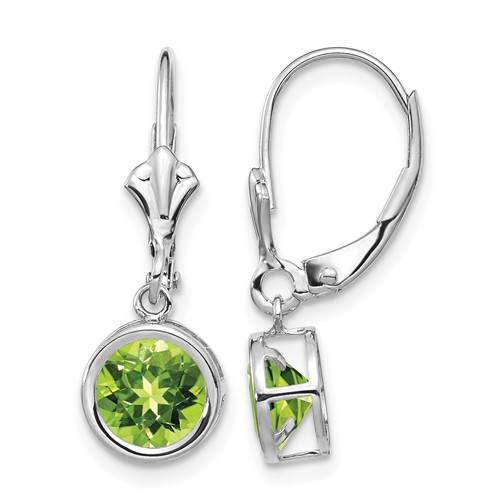 14K White Gold 6mm Round Peridot Bezel Leverback Dangle Earrings