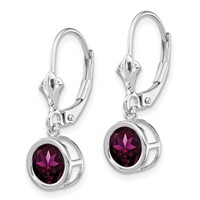 14K White Gold 6mm Round Rhodolite Garnet Bezel Leverback Dangle Earrings view 2