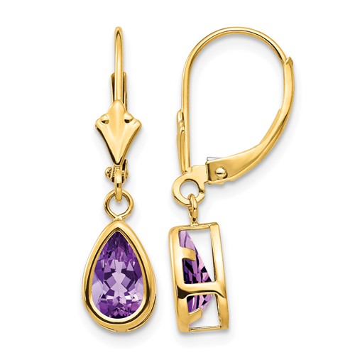 14K Yellow Gold 8x 5mm Pear Amethyst Bezel Leverback Dangle Earrings