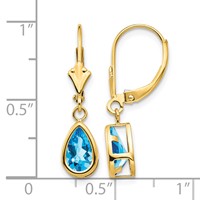 14K Yellow Gold 8x5mm Pear Blue Topaz Bezel Leverback Dangle Earrings view 4