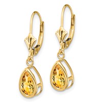 14K Yellow Gold 8x 5mm Pear Citrine Bezel Leverback Dangle Earrings view 2