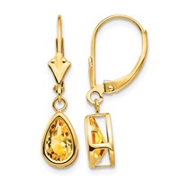 14K Yellow Gold 8x 5mm Pear Citrine Bezel Leverback Dangle Earrings view 1