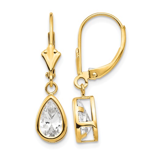 14K Yellow Gold 8x 5mm Pear Cubic Zirconia Bezel Leverback Dangle Earrings