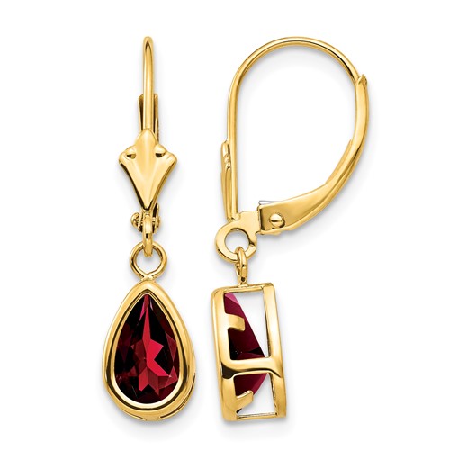 14K Yellow Gold 8x 5mm Pear Garnet Bezel Leverback Dangle Earrings