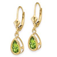 14K Yellow Gold 8x 5mm Pear Peridot Bezel Leverback Dangle Earrings view 2