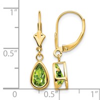 14K Yellow Gold 8x 5mm Pear Peridot Bezel Leverback Dangle Earrings view 4
