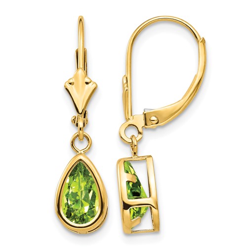 14K Yellow Gold 8x 5mm Pear Peridot Bezel Leverback Dangle Earrings