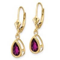 14K Yellow Gold 8x 5mm Pear Rhodolite Garnet Bezel Leverback Dangle Earrings view 2