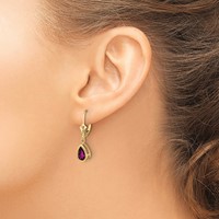 14K Yellow Gold 8x 5mm Pear Rhodolite Garnet Bezel Leverback Dangle Earrings view 3