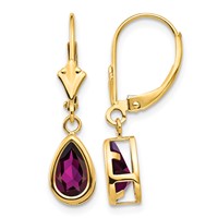 14K Yellow Gold 8x 5mm Pear Rhodolite Garnet Bezel Leverback Dangle Earrings view 1
