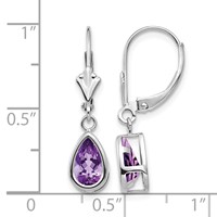 14K White Gold 8x 5mm Pear Amethyst Bezel Leverback Dangle Earrings view 4