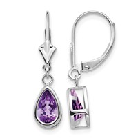 14K White Gold 8x 5mm Pear Amethyst Bezel Leverback Dangle Earrings view 1