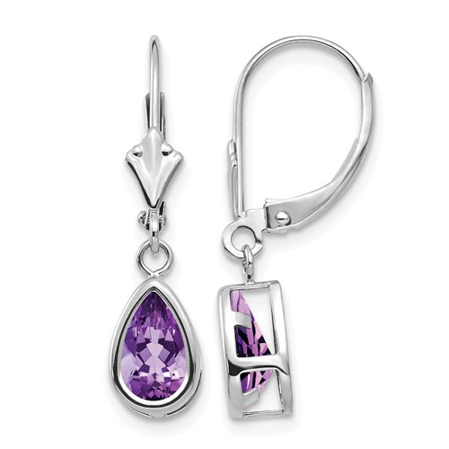14K White Gold 8x 5mm Pear Amethyst Bezel Leverback Dangle Earrings