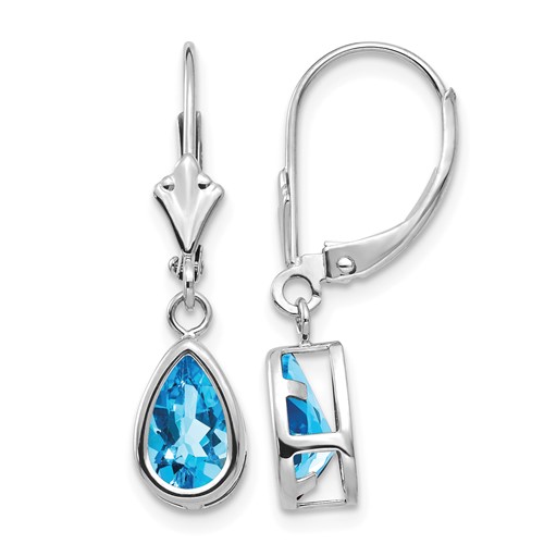 14K White Gold 8x 5mm Pear Blue Topaz Bezel Leverback Dangle Earrings