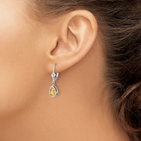 14K White Gold 8x 5mm Pear Citrine Bezel Leverback Dangle Earrings view 3