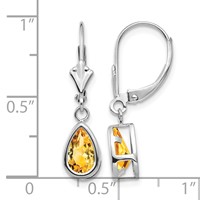 14K White Gold 8x 5mm Pear Citrine Bezel Leverback Dangle Earrings view 4
