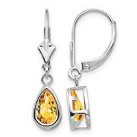 14K White Gold 8x 5mm Pear Citrine Bezel Leverback Dangle Earrings view 1