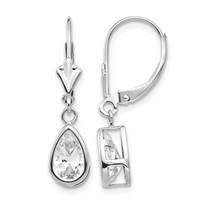 14K White Gold 8x 5mm Pear Cubic Zirconia Bezel Leverback Dangle Earrings view 1