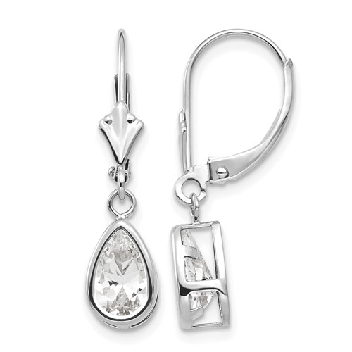14K White Gold 8x 5mm Pear Cubic Zirconia Bezel Leverback Dangle Earrings