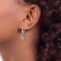 14K White Gold 8x 5mm Pear Peridot Bezel Leverback Dangle Earrings view 3