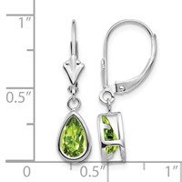 14K White Gold 8x 5mm Pear Peridot Bezel Leverback Dangle Earrings view 4