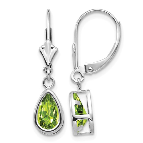 14K White Gold 8x 5mm Pear Peridot Bezel Leverback Dangle Earrings