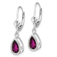 14K White Gold 8x 5mm Pear Rhodolite Garnet Bezel Leverback Dangle Earrings view 2