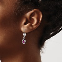 14K White Gold 8x 5mm Pear Rhodolite Garnet Bezel Leverback Dangle Earrings view 3