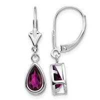 14K White Gold 8x 5mm Pear Rhodolite Garnet Bezel Leverback Dangle Earrings view 1
