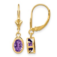 14K 7x5mm Oval Amethyst Bezel Leverback Dangle Earrings view 1
