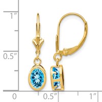 14K Yellow Gold 7x 5mm Oval Blue Topaz Bezel Leverback Dangle Earrings view 4