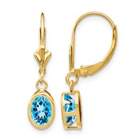 14K Yellow Gold 7x 5mm Oval Blue Topaz Bezel Leverback Dangle Earrings view 1
