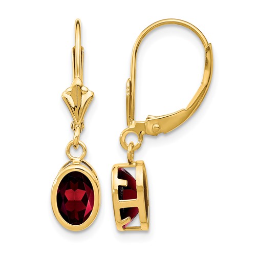14K Yellow Gold 7x 5mm Oval Garnet Bezel Leverback Dangle Earrings