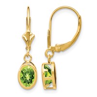 14K Yellow Gold 7x 5mm Oval Peridot Bezel Leverback Dangle Earrings view 1