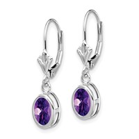 14K White Gold 7x5mm Oval Amethyst Bezel Leverback Dangle Earrings view 2