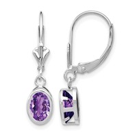14K White Gold 7x5mm Oval Amethyst Bezel Leverback Dangle Earrings view 1