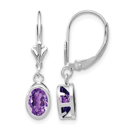 14K White Gold 7x 5mm Oval Amethyst Bezel Leverback Dangle Earrings