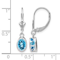 14K White Gold 7x 5mm Oval Blue Topaz Bezel Leverback Dangle Earrings view 4
