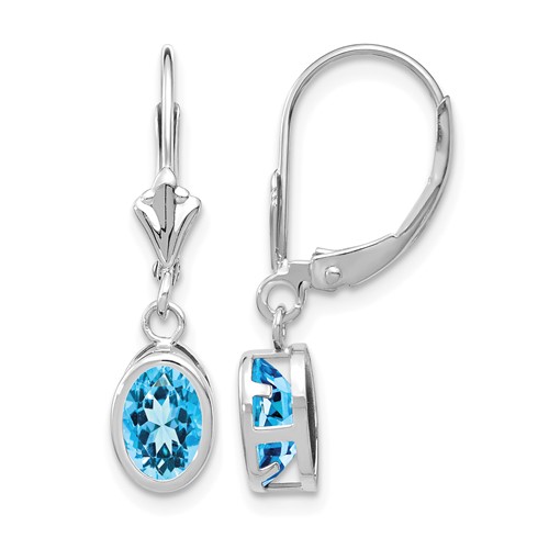 14K White Gold 7x 5mm Oval Blue Topaz Bezel Leverback Dangle Earrings