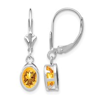 14K White Gold 7x 5mm Oval Citrine Bezel Leverback Dangle Earrings view 1