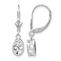 14K White Gold 7x 5mm Oval Cubic Zirconia Bezel Leverback Dangle Earrings view 1